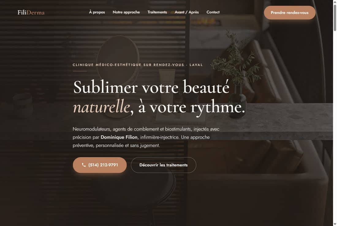 Page d'accueil du site FiliDerma : titre « Sublimer votre beauté naturelle, à votre rythme » sur une photo de clinique